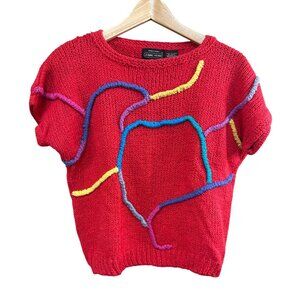 Vintage Jeanne Pierre Hand Knit Red Sweater With Multicolor Abstract Design M